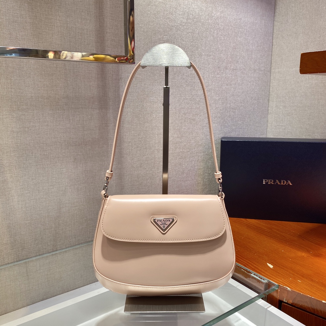 Prada Cleo Brushed Leather Shoulder Bag With Flap Nude Pink 1BD311